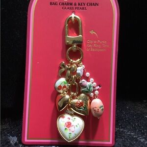 Vintage Design Piper Gold and Pink Floral Bag/Key Charm